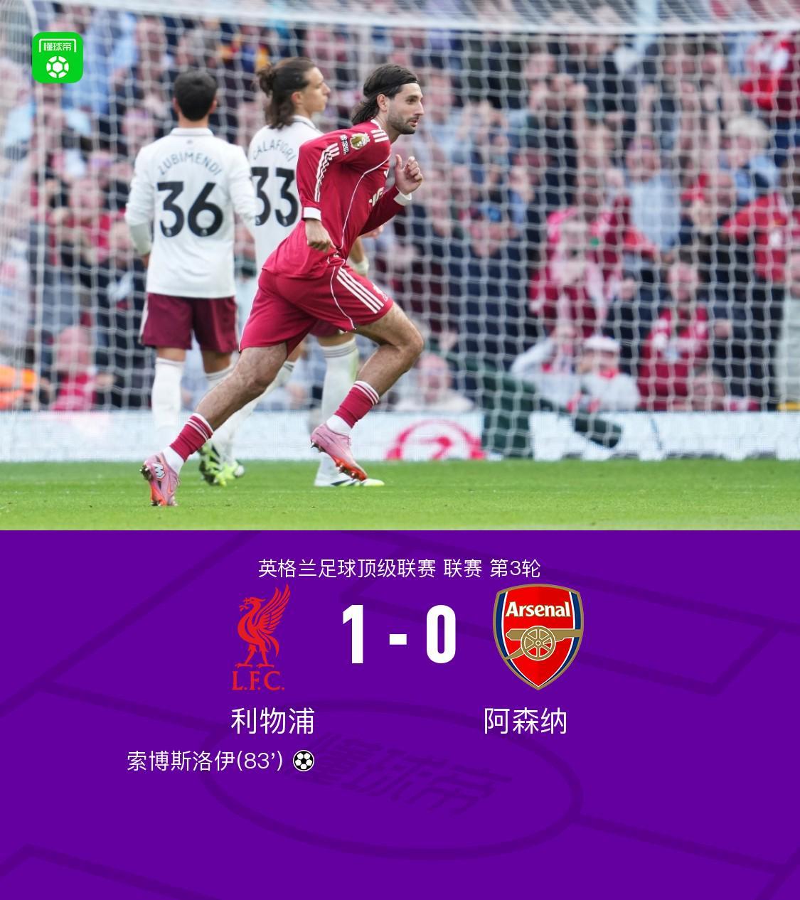 利物浦1-0阿森纳，索博斯洛伊任意球破门，埃基蒂克进球被吹